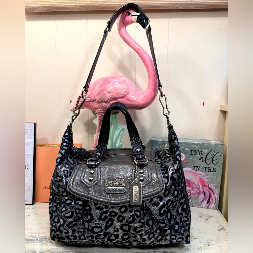 Coach Ashley Signature Optic Glitter Silver Ocelot Leopard Shoulder Satchel Bag